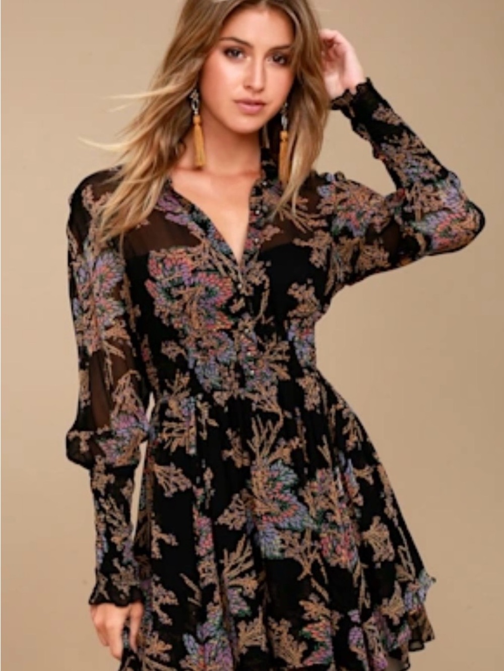Free People Black Floral Long-Sleeve Tiered Sheer Dress